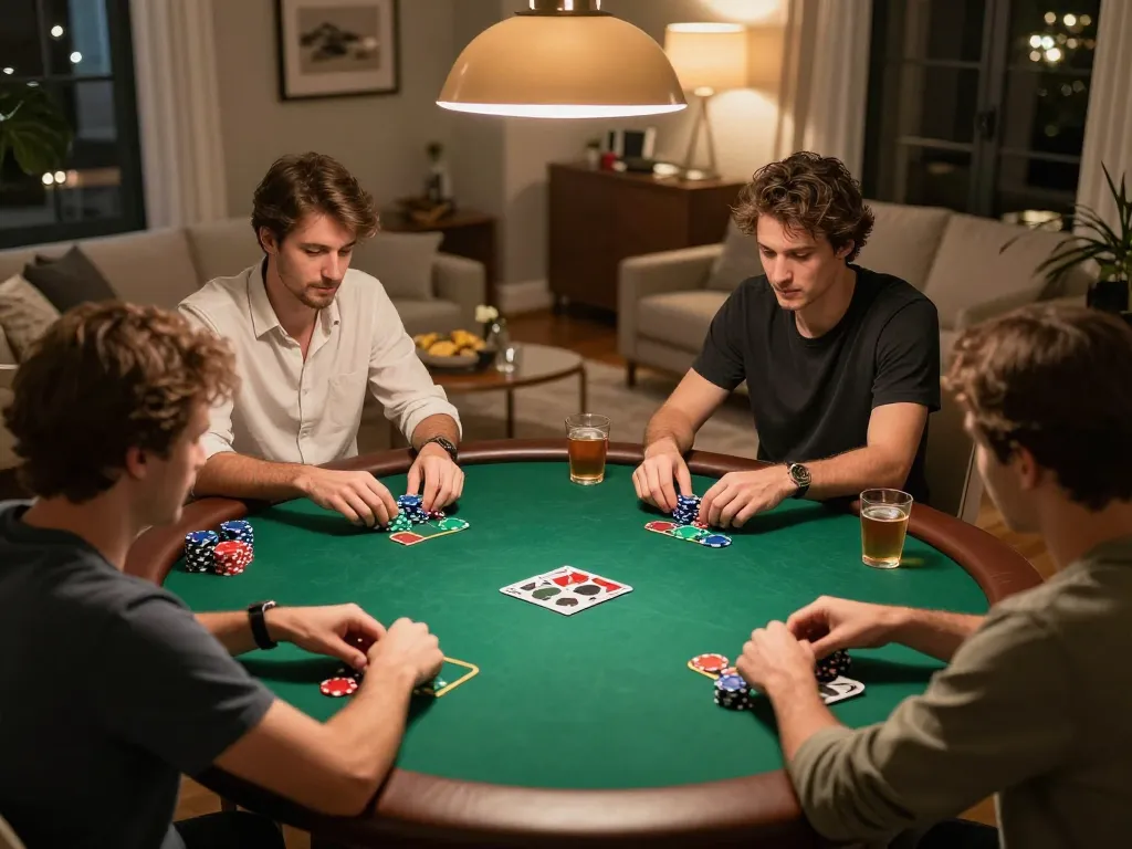 Players enjoy a strategic poker game night at home, showcasing 789win excitement and social interaction.