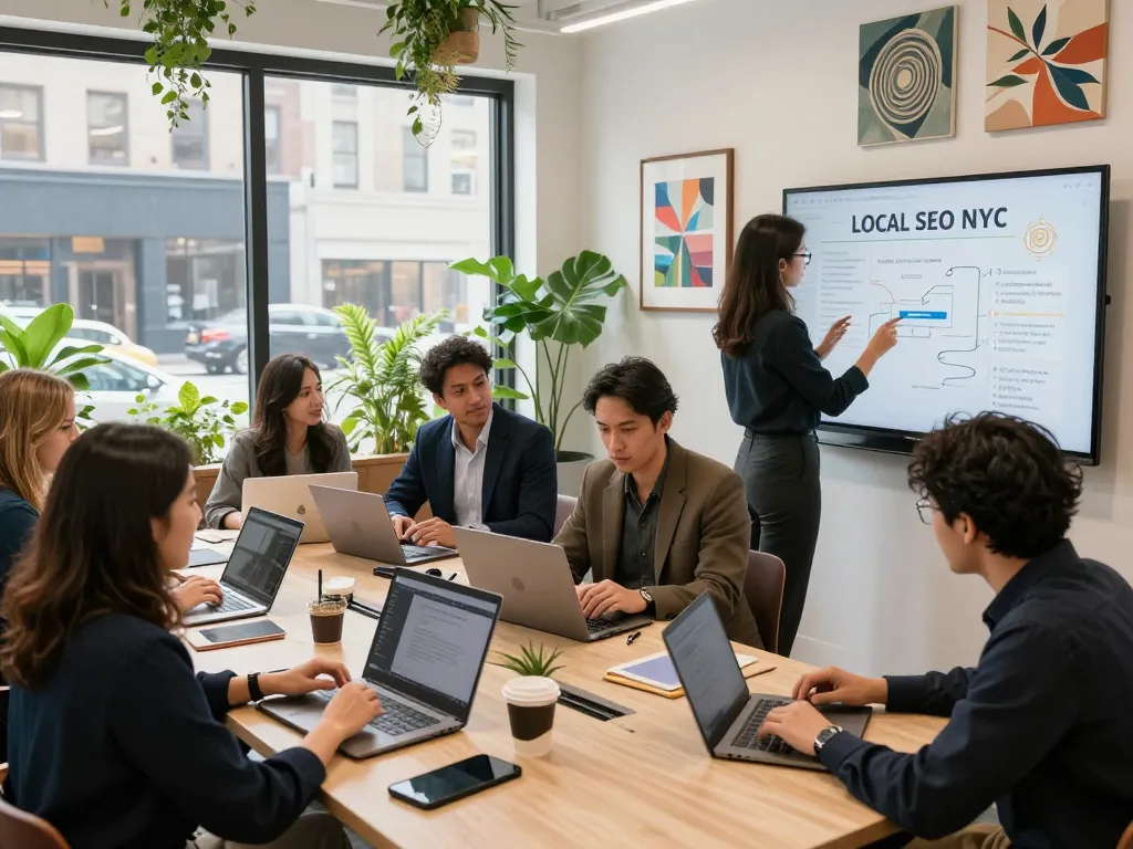 Professionals collaborating on Local SEO NYC strategies in a vibrant co-working space.