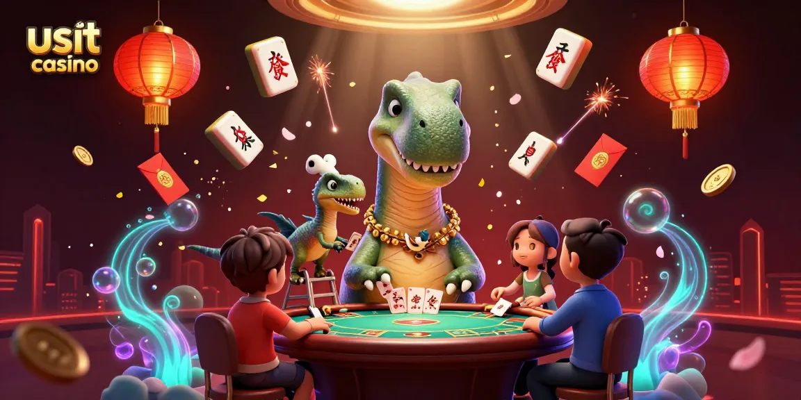 Un entusiasmante usdt casino dove il brontosauro osserva un tavolo da poker in un'atmosfera vibrante.