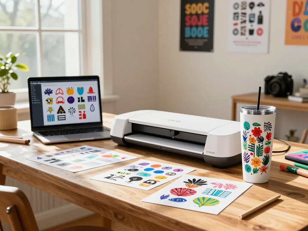 Engaged crafter using SVG files for custom tumbler designs in a bright workspace.