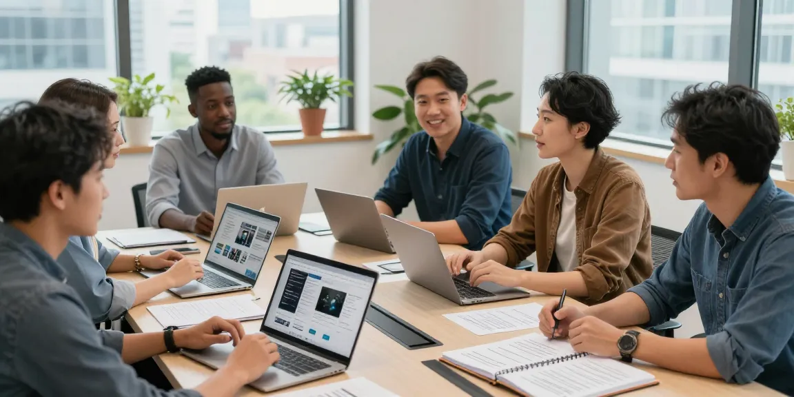 Strength up your portfolio: contractors collaborating in a bright office, showcasing their skills and services.