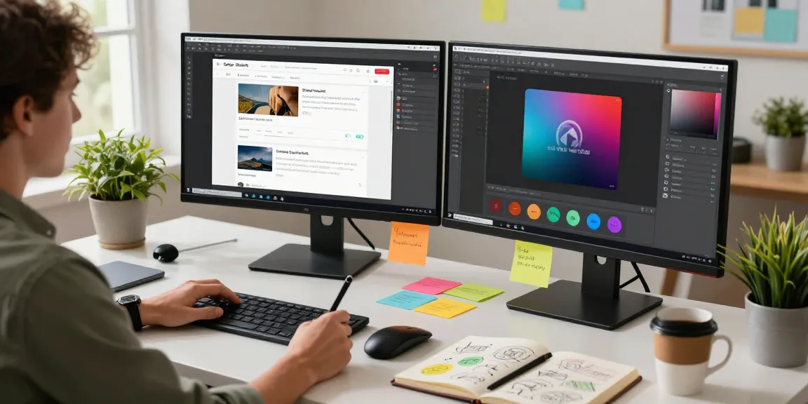 Designer capturing a screenshot using 截图软件 Snipaste, demonstrating a vibrant workspace with dual monitors and creative tools.
