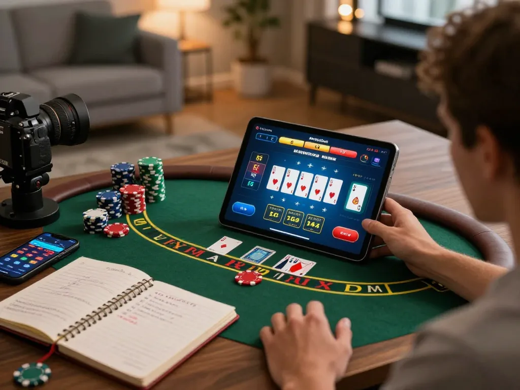 Person engaged in a thrilling game of blackjack on a tablet showcasing GOOD88, with colorful casino chips and strategic notes in a cozy home setting.