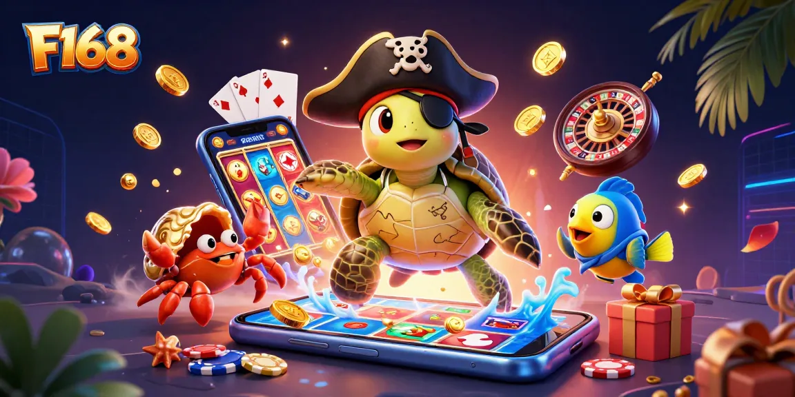 F168 showcases a lively scene with a pirate turtle and gaming elements bursting with excitement.