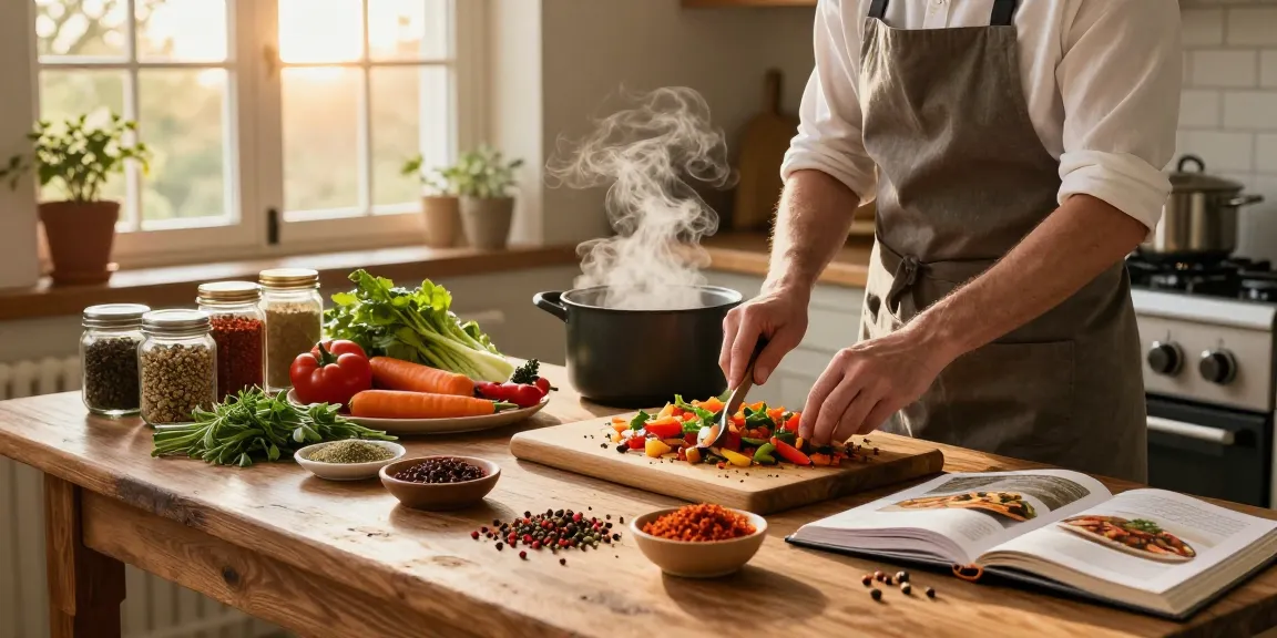Kochen mit Gewürzen in einer warmen Küche, zeigt lebendige Gewürze und frische Zutaten für köstliche hausgemachte Mahlzeiten.