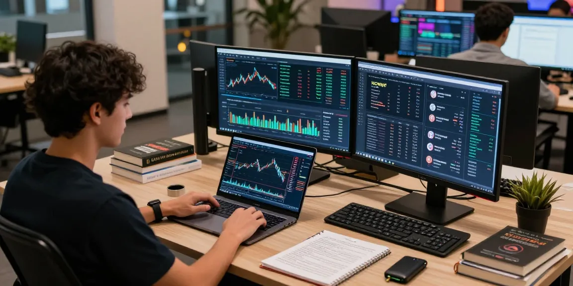 Engaged crypto trader analyzing HCNWF stock price in a modern workspace with trading charts and DeFi interfaces.