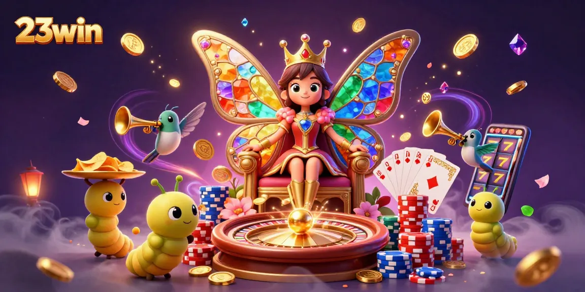 Spin the reels with vibrant 23win gaming elements, featuring a butterfly queen and dynamic casino visuals.