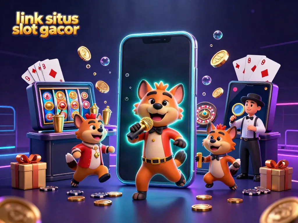 Menyusun link situs slot gacor dengan informasi menghibur dari hyena di kasino komedi, dikelilingi permainan slot yang menarik.