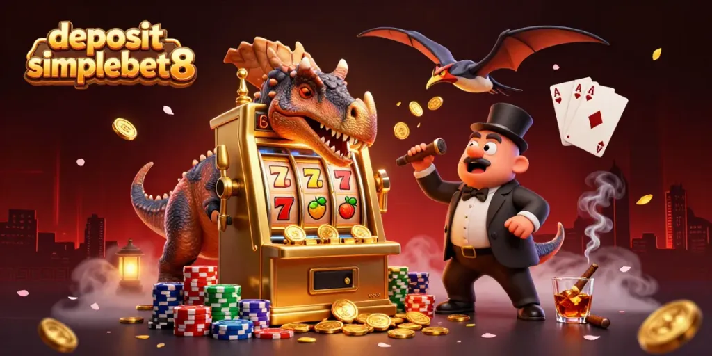 Experience the thrill of winning with deposit simplebet8 as dinosaurs play in a vibrant casino.