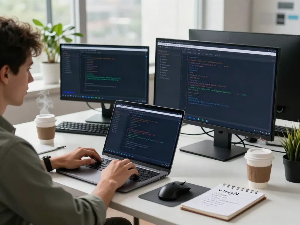 Developer coding v2rayN in a modern workspace with dual monitors.