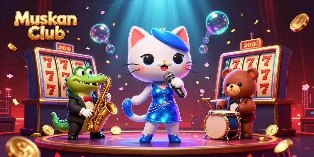 Experience vibrant gaming at Muskan Club with a jazzy cat, crocodile, and bear in a lively casino