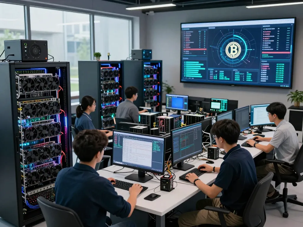 AI crypto mining operation with engineers in a modern data center, showcasing advanced technology and real-time analytics.
