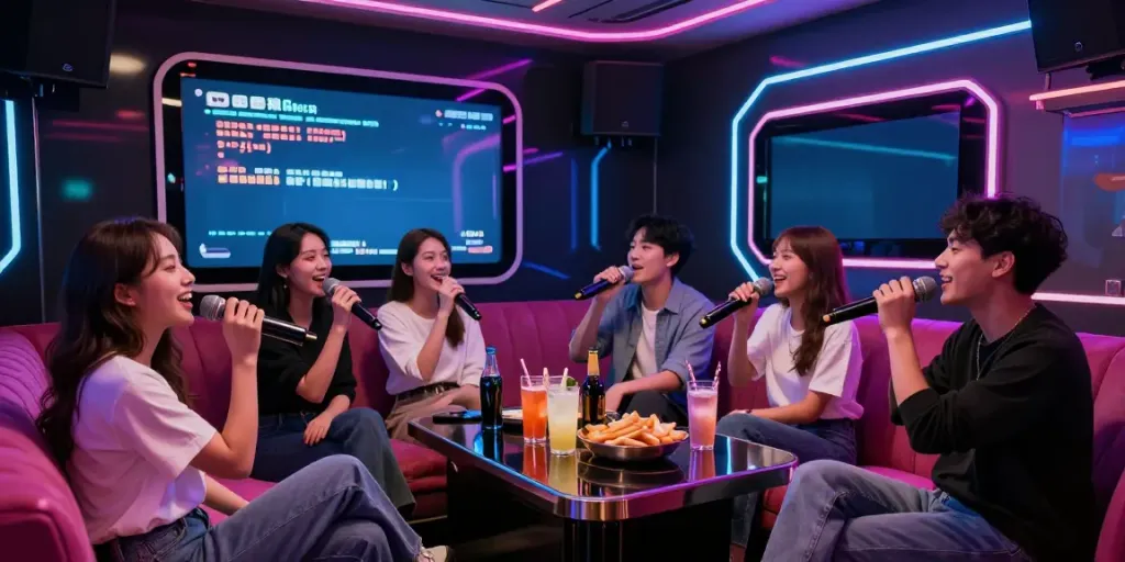 강남의 달토에서 친구들이 카라오케를 즐기는 모습