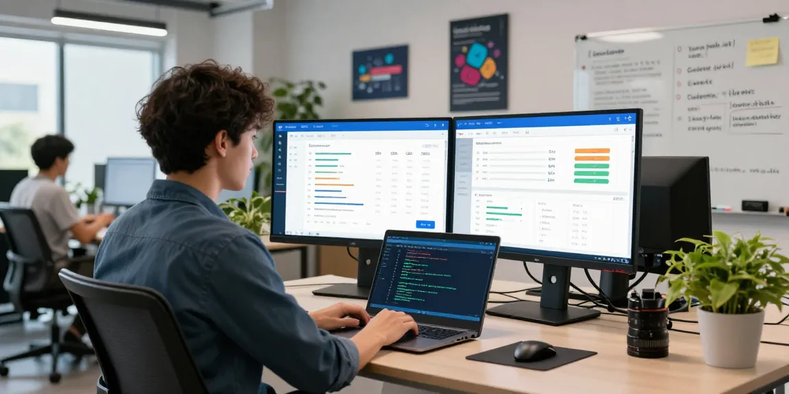Data scientist utilizing an age verification system in a modern office environment, showcasing real-time metrics and compliance.