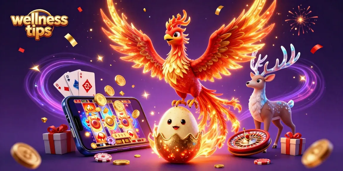 Win big with wellness tips in this vibrant casino scene featuring a phoenix and dynamic gaming elements.