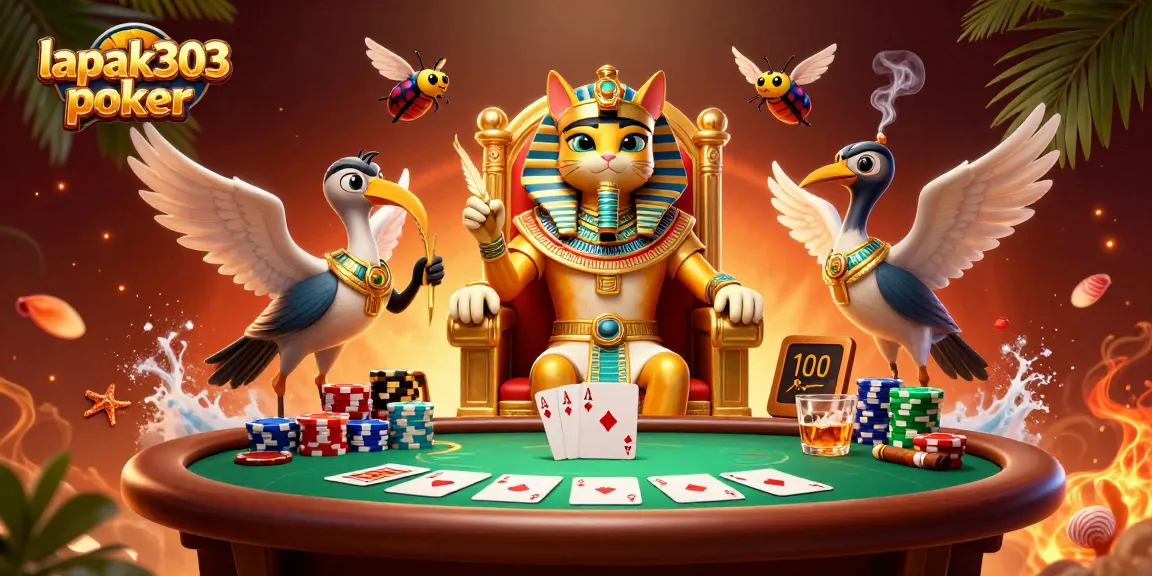 Gambarlah lapak303 poker dengan kucing firaun dan elemen kasino menarik lainnya.