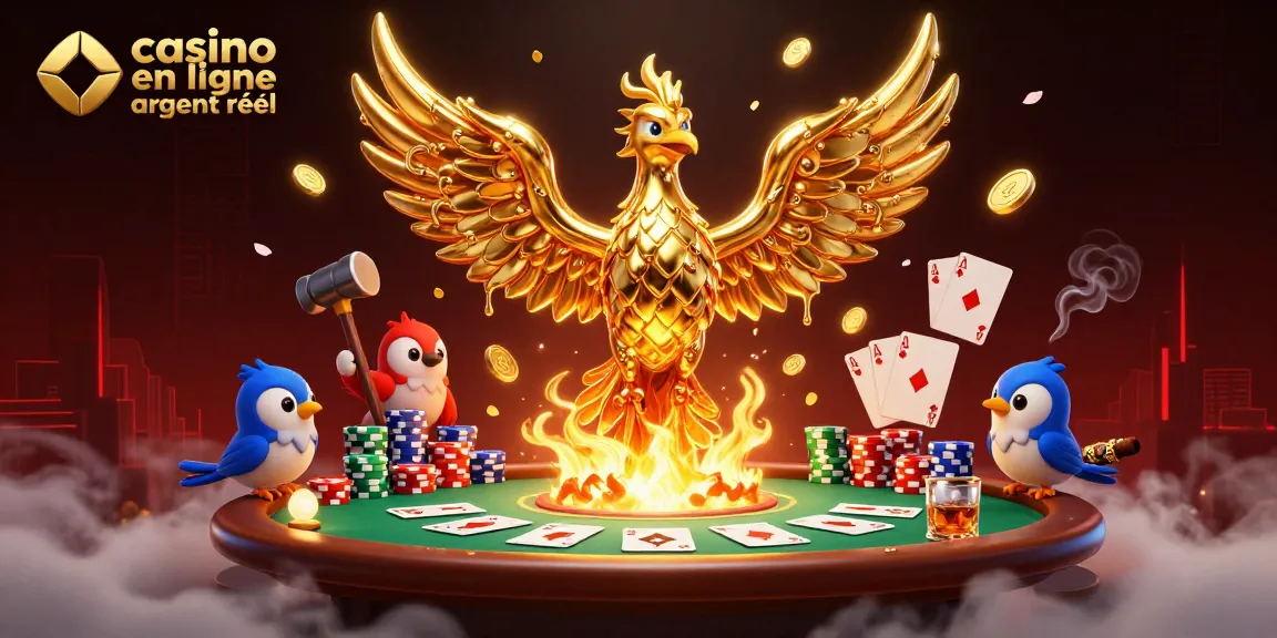 Jouez au casino en ligne argent réel dans un univers rempli de phoenix dorés et de cartes de poker.
