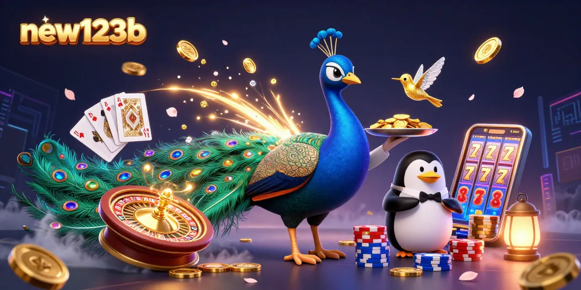 Win big at new123b with a vibrant casino scene featuring peacock and penguin, rolling with golden chips.