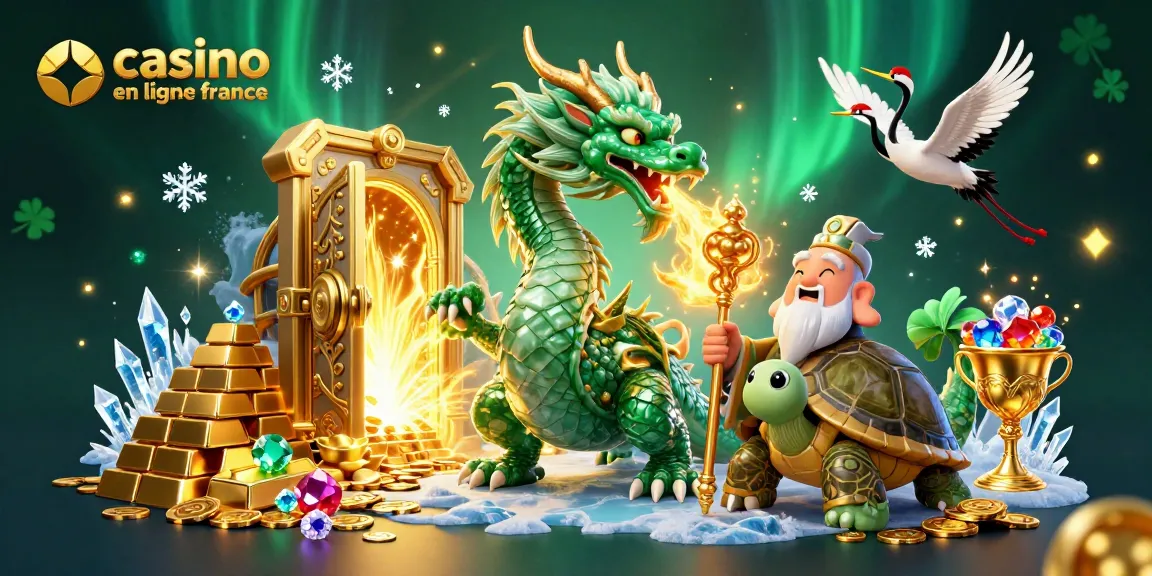 Illustration captivante du casino en ligne France, mettant en vedette un dragon jade et des trésors éblouissants.