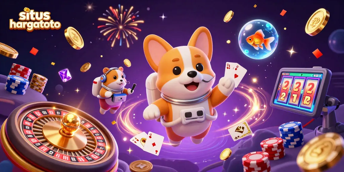 Engage with situs hargatoto's thrilling casino scene featuring a playful corgi and exciting game elements.