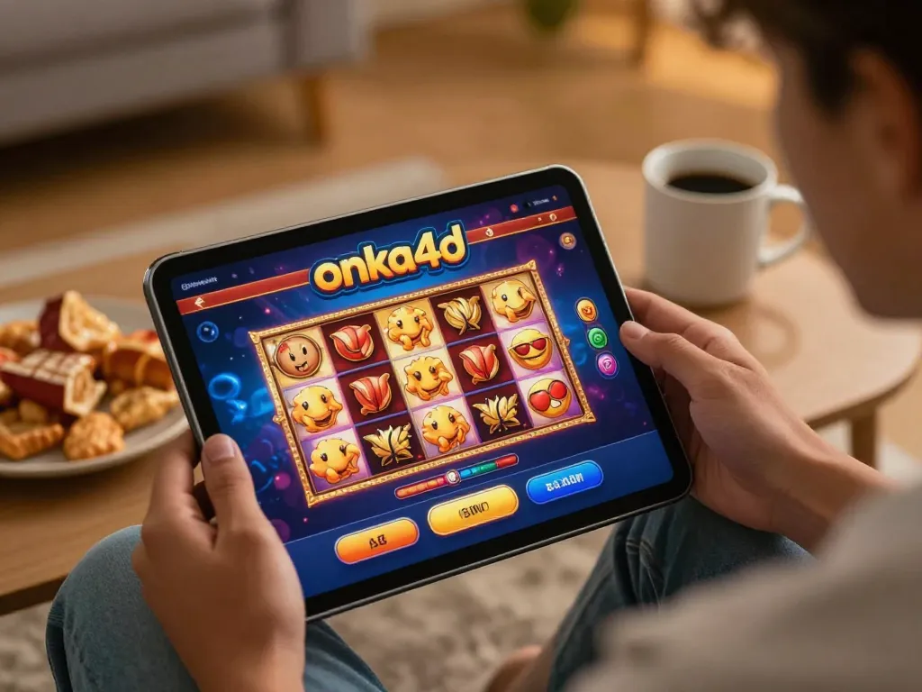 Memainkan slot aneka4d di tablet di ruang tamu yang nyaman, menikmati permainan online yang strategis.