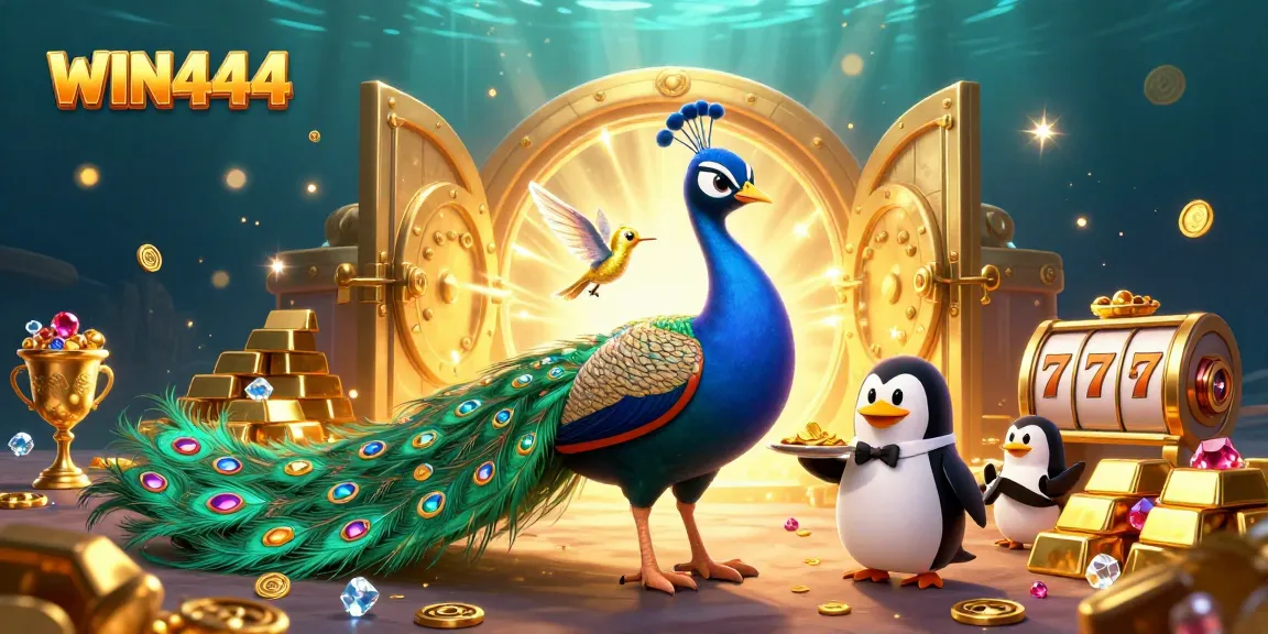 Engage in thrilling gameplay with WIN444 as a vibrant peacock, penguin butler, and hummingbird illustrate exciting casino features.