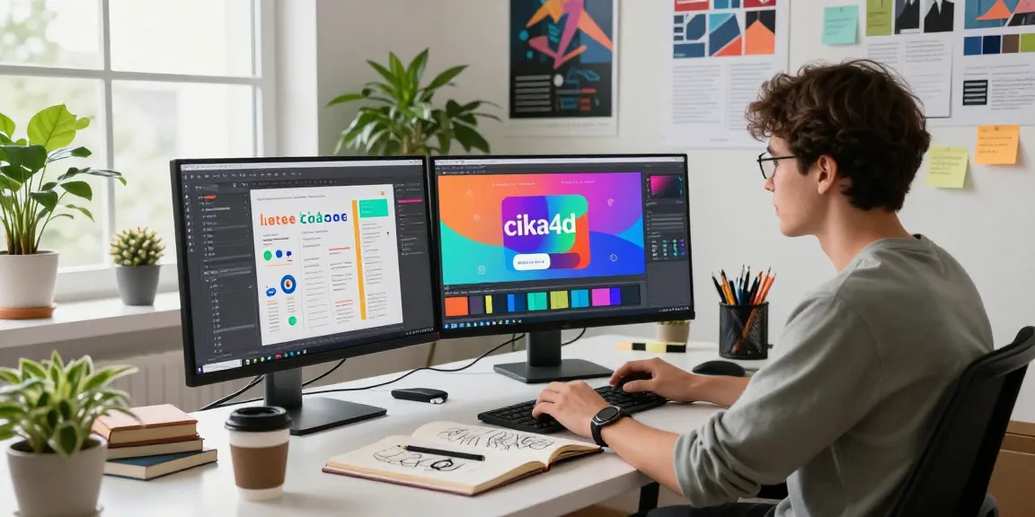 Creative designer working on cika4d platform UI in vibrant digital workspace with design tools and productive atmosphere.