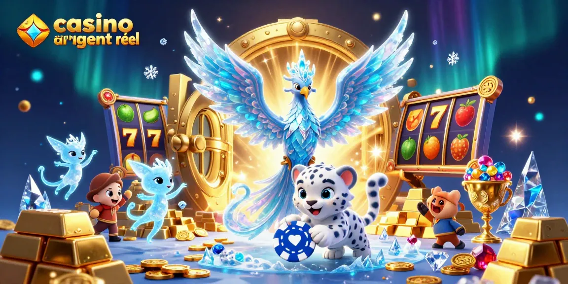 Admirez une scène captivante de casino en ligne argent réel avec un phoenix de glace et un léopard des neiges, entourés de pièces et de jackpots.