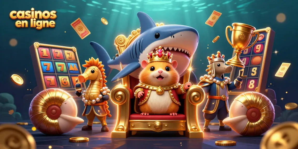 Plongez dans l'univers des casinos en ligne avec cette illustration dynamique montrant un roi hamster sur un trône, entouré d'éléments de machines à sous.