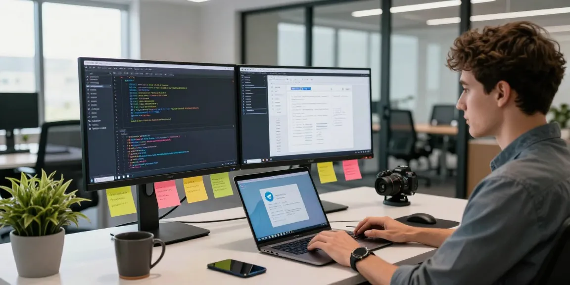 Developer working at a tech workspace showcasing 纸飞机官网 app on screens.