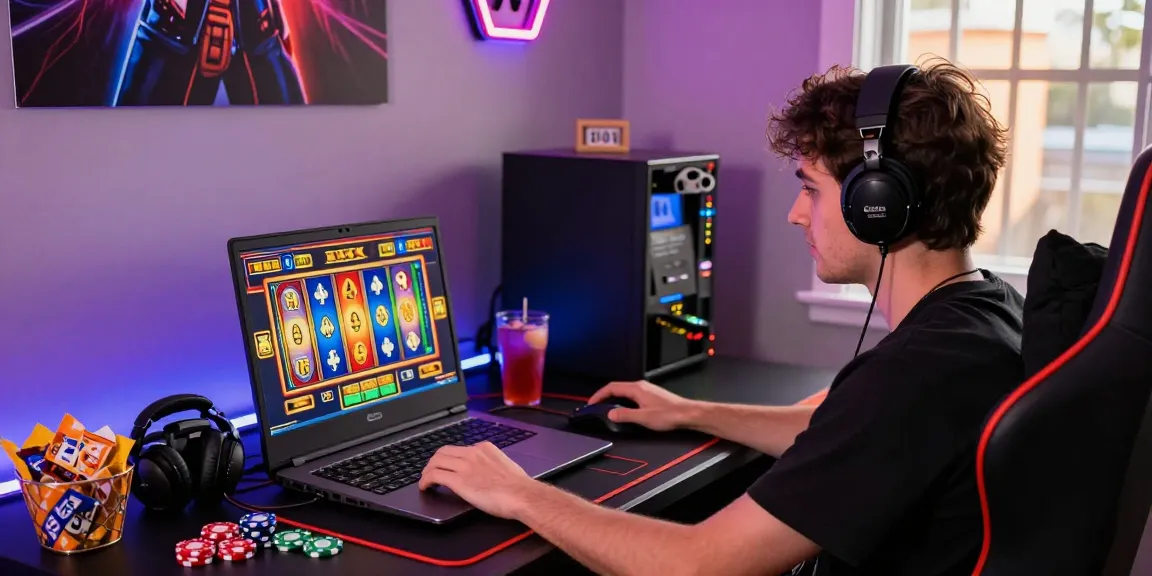 Player enjoying a thrilling slot depo 5000 game on a laptop in a vibrant gaming atmosphere.