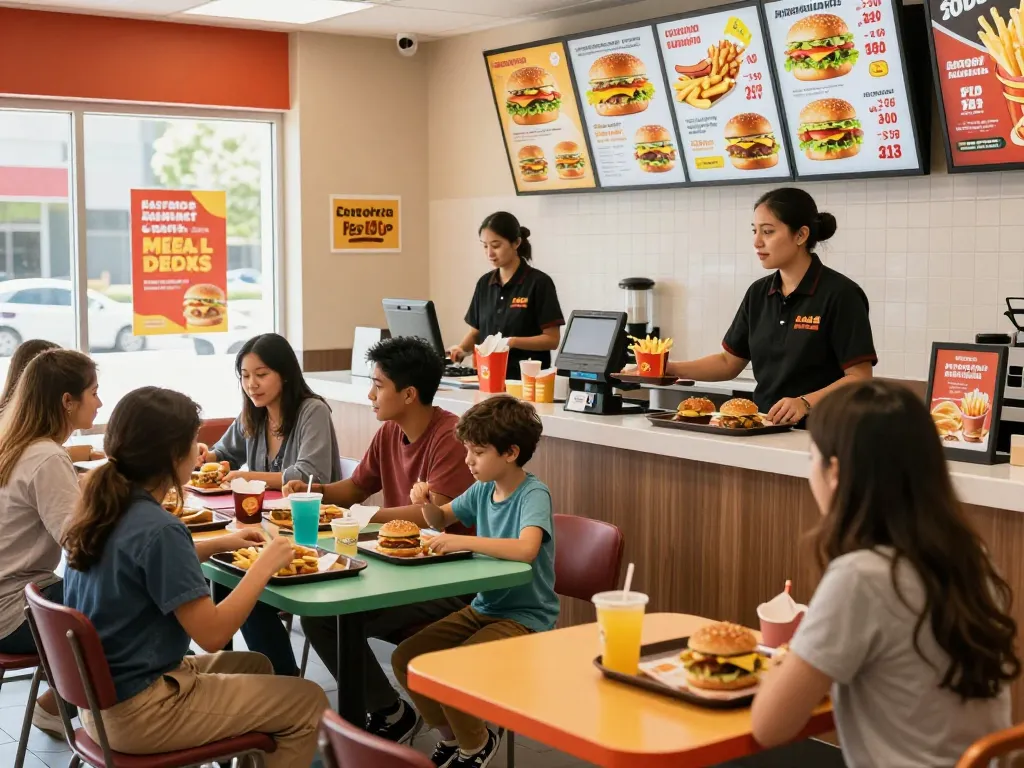 Dynamic fast food restaurant scene showcasing diverse customers enjoying meals and displaying fast food prices prominently.