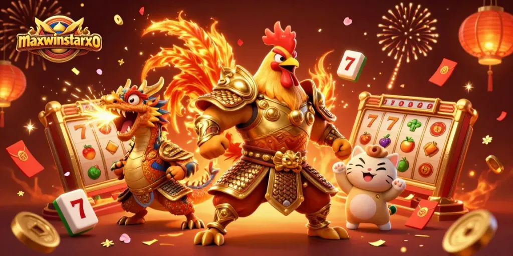 Experience the excitement of maxwinstarxo with a vibrant 3D casino scene featuring slot reels and festive elements.