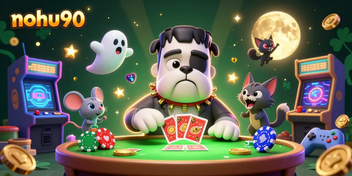 Join the fun at nohu90 as a Frankenstein bulldog dealer spins cards while a ghost mouse and werewolf kitten add whimsy and excitement.