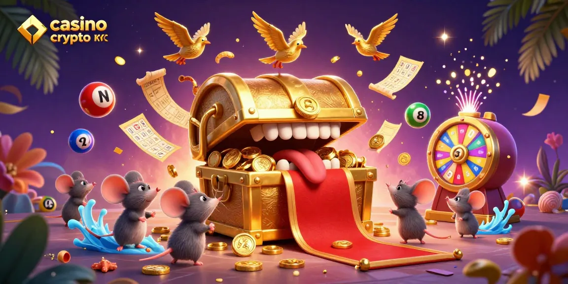 Découvrez les trésors d'un casino crypto sans KYC avec des personnages ludiques et des éléments de jeu vibrant.