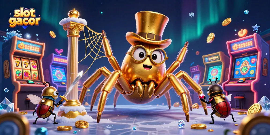 Engage with slot gacor gameplay featuring a giant golden tarantula and beetle knight amidst vibrant casino scenes.