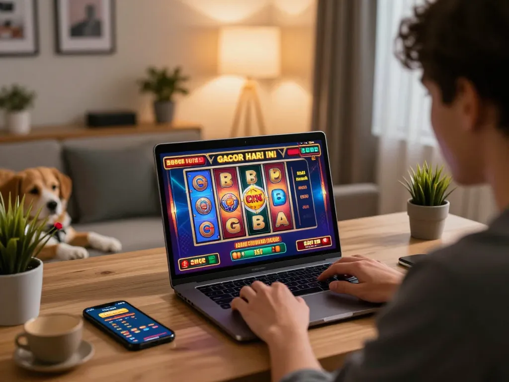 Engaging in slot gacor hari ini gaming action on a laptop at a home office.
