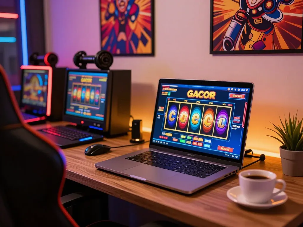Engaging user playing slot gacor online with colorful reels spinning in comfortable gaming setup