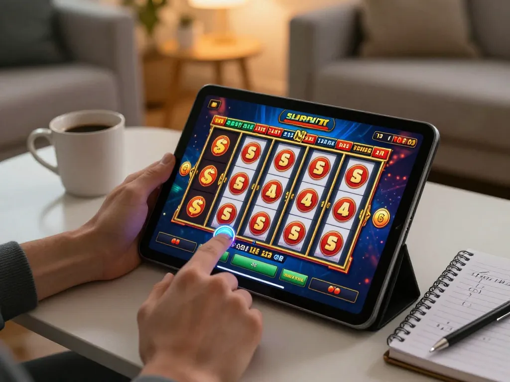 Playing slot77 on a tablet in a cozy living room, showcasing colorful slot graphics and gaming strategies.