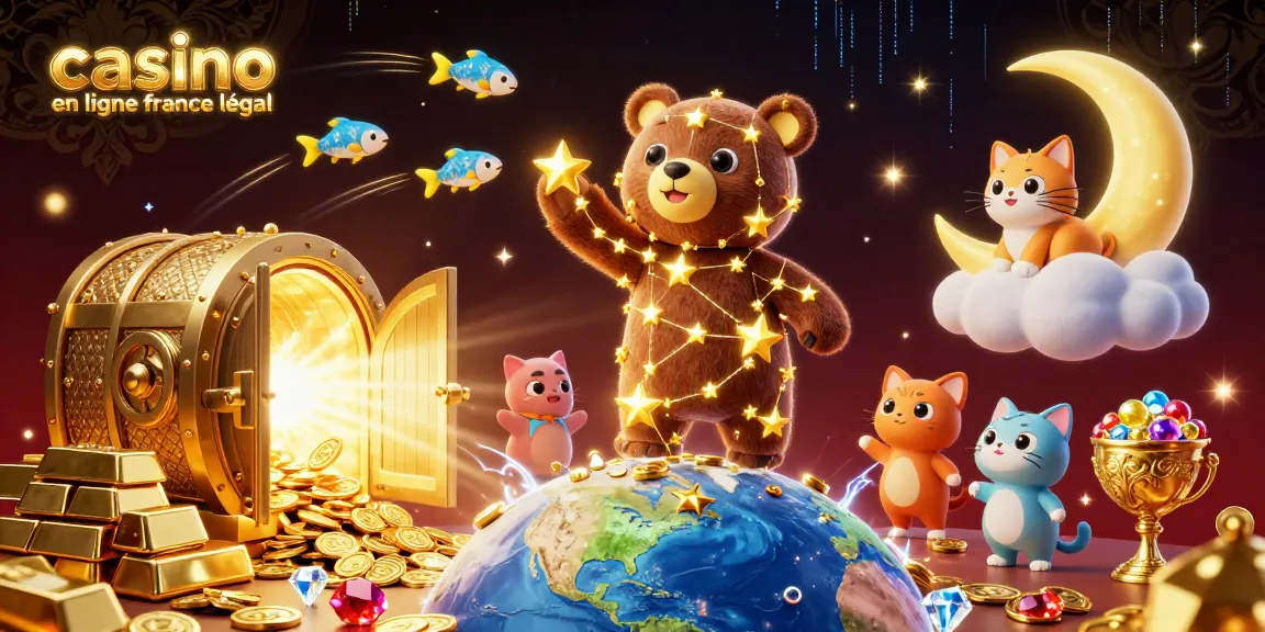 Illustration de casino en ligne France légal avec un ours étoilé récoltant des pièces d'or.