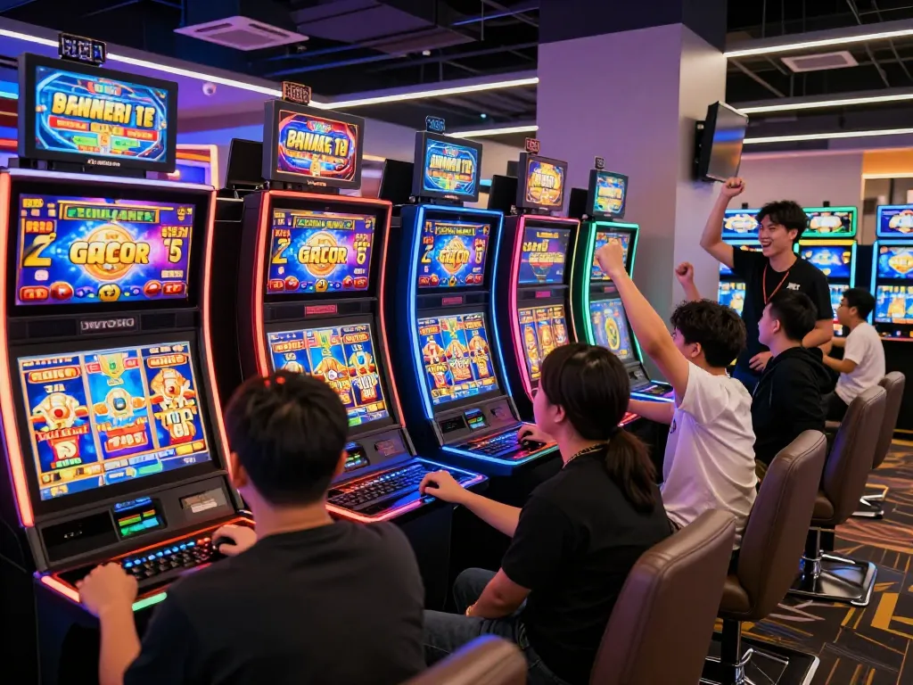 Excited players enjoying slot gacor games in a lively online casino atmosphere