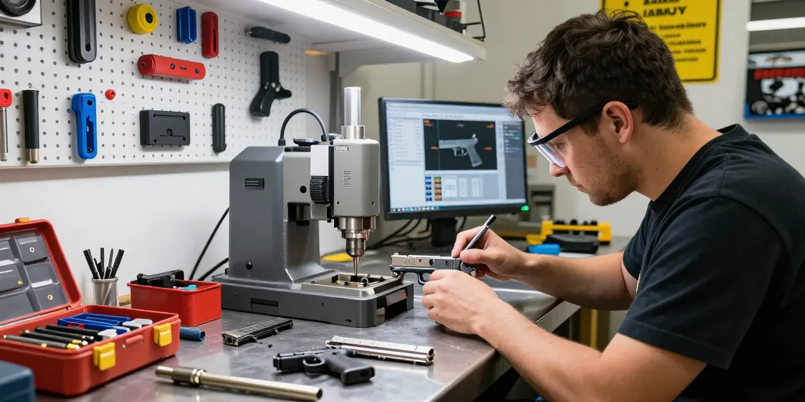 Precision Glock slides enhancement process at https://precisionglockslides.com with expert gunsmith showcasing meticulous craftsmanship.