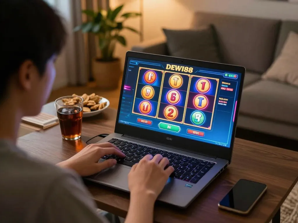 Menikmati pengalaman permainan kasino online DEWI88 di rumah dengan slot berwarna-warni di layar.