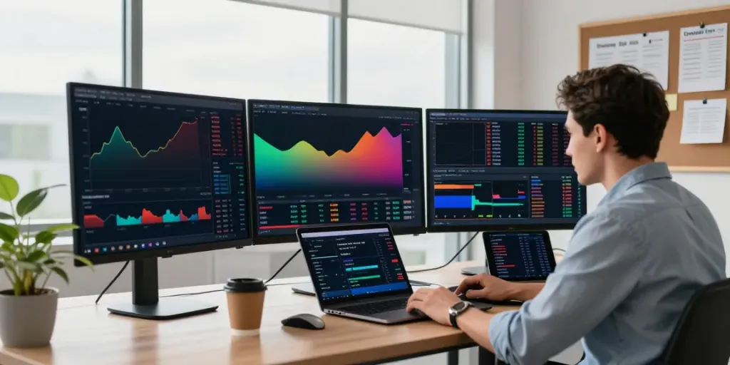 Trader analyzing TradingView charts in a modern office