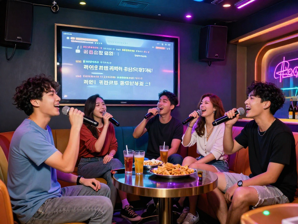 달토 가라오케에서 친구들과 즐거운 노래를 부르며 흥겨운 분위기를 만끽하는 모습