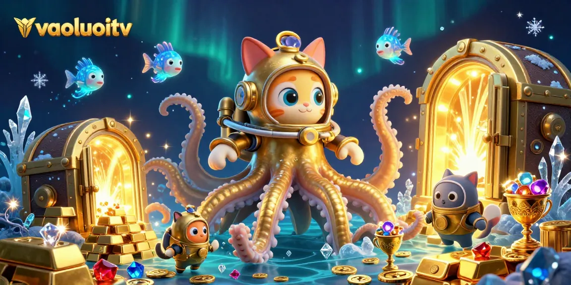 Engage with vaoluoitv as the colossal kraken and vintage diving cat explore treasure-filled depths.