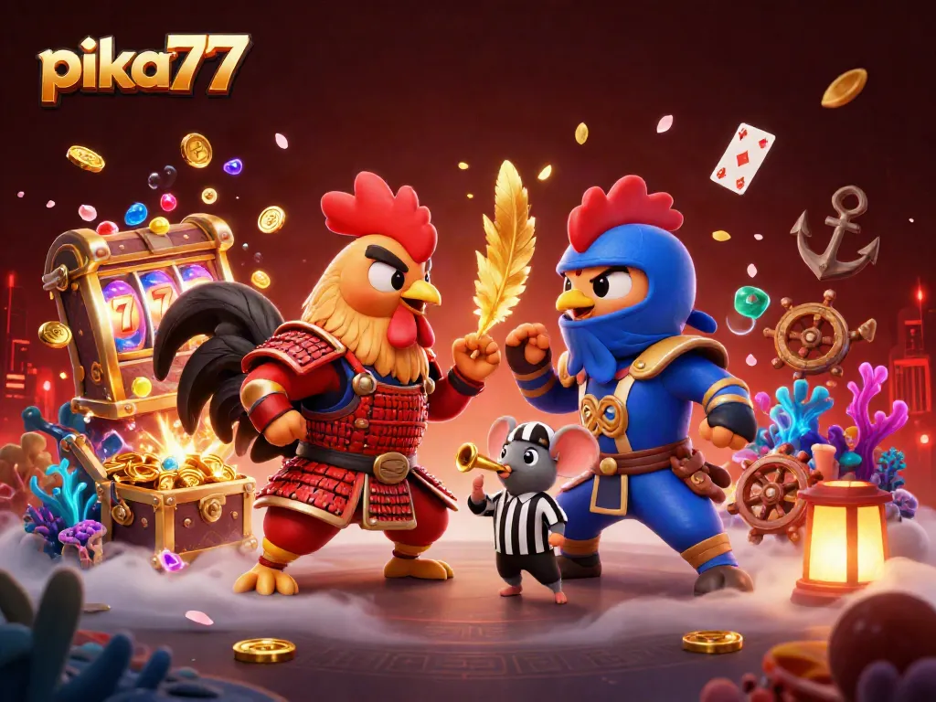 Pika77 offers exciting casino experiences with dynamic visuals of fighting roosters and golden treasures.