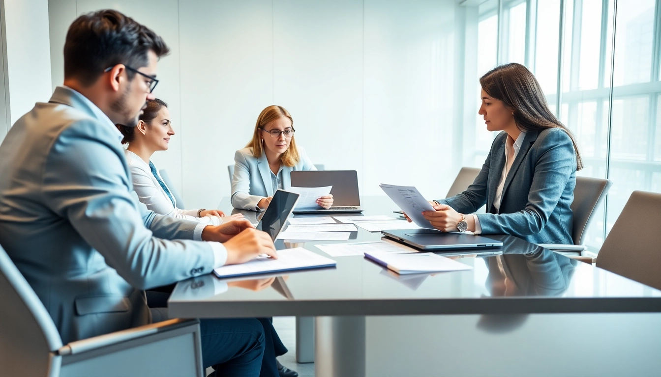 Consultants discussing registration and certification in Federal databases for federal contracts in a modern office.