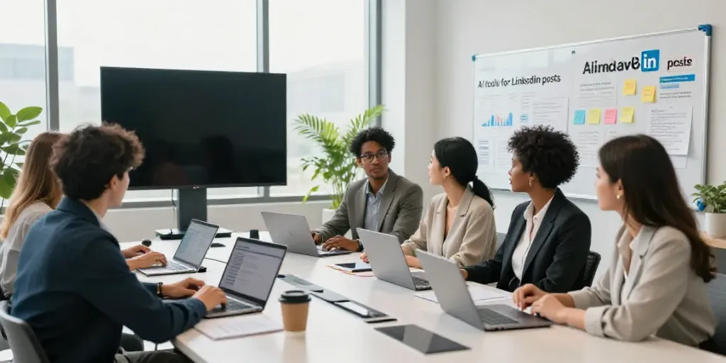 Team collaborating on AI tools for LinkedIn posts in a modern office environment.