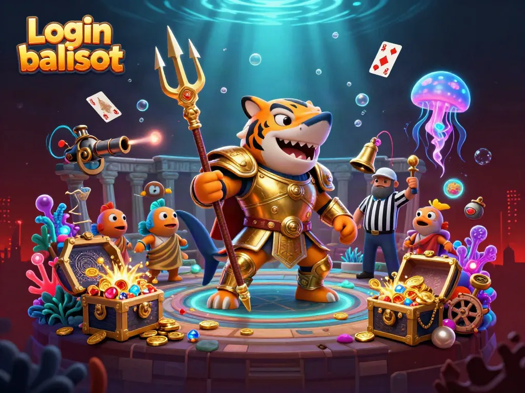 Engage in thrilling gameplay with Login balislot featuring a fierce shark warrior in a vibrant underwater scene.